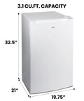 Hella Compact 3.1 Cubic Feet White Upright Freezer dimensions 32.5x21x19.75 inches, garage ready, manual defrost design.