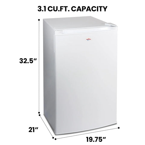 Hella Compact 3.1 Cubic Feet White Upright Freezer dimensions 32.5x21x19.75 inches, garage ready, manual defrost design.