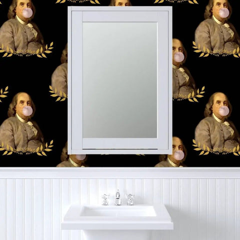 Benjamin Franklin Pvc Free Vintage Hero Wallpaper Featuring Dang Tough Polyester Blend And Rugged Linen Texture Built For High Traffic Zones With Zero Fuss Paste To Paper Install in bathroom setting.