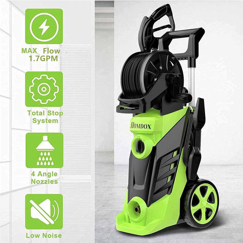 HX3000 Portable Pressure Washer With Hose Reel, 1800W Electric Power Washer Delivers 1.7 GPM, compact design, green and black color