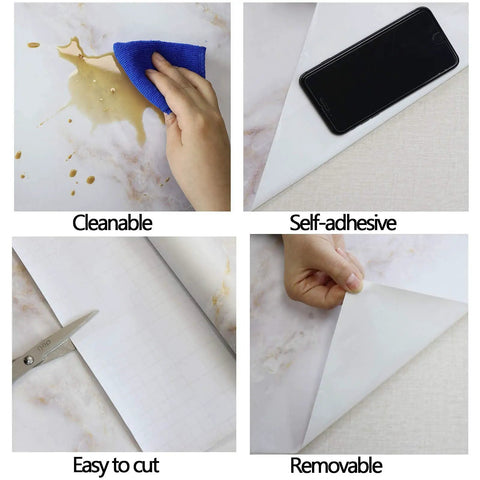 White And Gold Marble Peel And Stick Countertop Wallpaper DIY Friendly Self Adhesive Cover cleaning, cutting, and peeling features