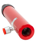 Red hydraulic floor jack pump ram with knurled silver valve and orange release knob; side view
