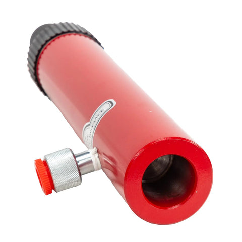 Red hydraulic floor jack pump ram with knurled silver valve and orange release knob; side view