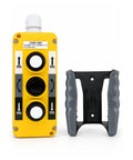 Sturdy Waterproof Industrial Crane Pushbutton Switch Control Box With Three Button Operation for Electric Hoist Lift, yellow casing, side view.