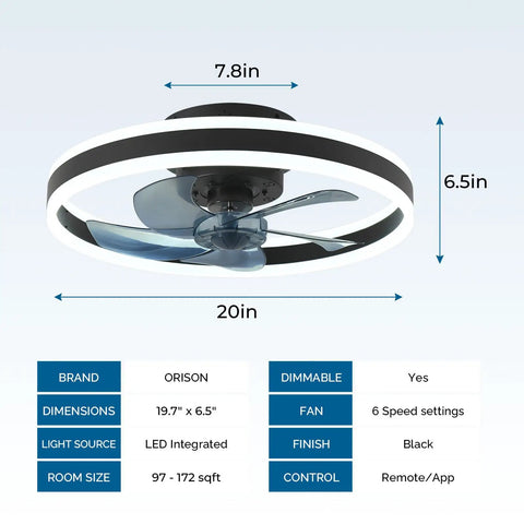 Low Profile Bladeless Ceiling Fan With Light, 19.7 Inch Flush Mount, Dimmable LED, Remote, 3 Light Color Options, Black