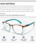 Front view of safety glasses with tortoiseshell frame and teal temples; anti-fog, blue-light blocking