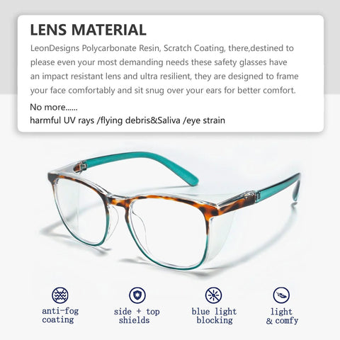 Front view of safety glasses with tortoiseshell frame and teal temples; anti-fog, blue-light blocking
