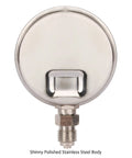 Rear view of a shiny stainless steel pressure gauge with bottom threaded connection.