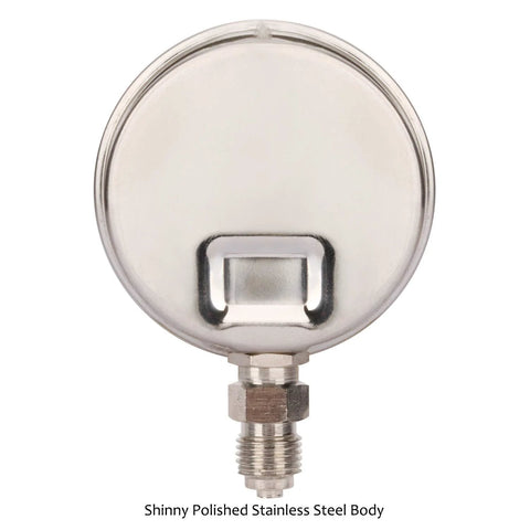 Rear view of a shiny stainless steel pressure gauge with bottom threaded connection.
