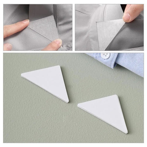 240 Pack Pvc Collar Stays For Mens Dress Shirts Invisible Anti Curl Adhesive Tabs shown inside a shirt pocket and two tabs on surface.