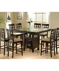 Hella Sturdy 9 Piece Square Dining Set With Counter Height Table showcasing frosted glass and tan upholstered chairs for eight.