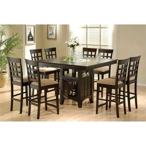 Hella Sturdy 9 Piece Square Dining Set With Counter Height Table showcasing frosted glass and tan upholstered chairs for eight.