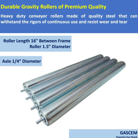 Pack of 4 Heavy Duty Long Roller Conveyors, 16 Inch Galvanized Steel Tubes, 1.5 Inch Diameter for material handling.