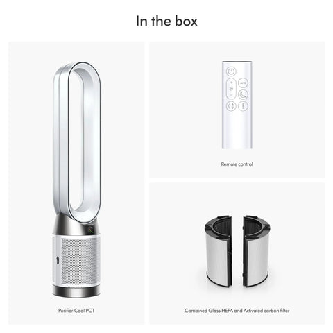 Purifier Cool PC1 Bladeless Air Purifier Tower Fan With HEPA And Activated Carbon Filter That Captures 99.97 Percent Of Particles Down To 0.3 Microns, App And Remote Control, 350 Degree Oscillation, 10 Speed Levels, White with included remote and filters