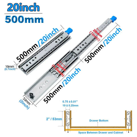 Heavy-Duty 20-Inch Drawer Slides For Industrial Shelving, 120 Kg Capacity, Galvanized Steel With Blue Seal Coating, diagram