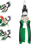 Heavy Duty 8-in-1 Wire Stripper Pliers With Built-In Voltage Tester showcased, featuring green handles, versatile functions for electricians.
