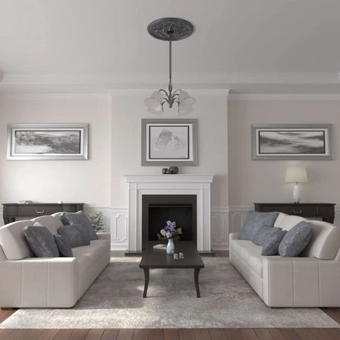 Living room with Bradford Pewter Ceiling Medallion 32 5/8 Inch Outside Diameter 2 Inch Projection, classic decor with chandeliers.