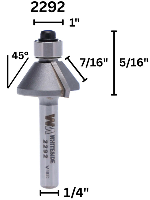 Carbide Tipped Chamfer Router Bit 45 Degree Bevel With Quarter Inch Shank Seven Sixteenths Cutting Length Five Sixteenths Cutting Height Durable Woodworking Cutter For Clean Edges