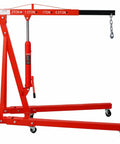 Hella Solid Heavy Duty Folding Engine Hoist And Portable Cherry Picker Shop Crane With Adjustable Boom and Rolling Casters for Four Thousand Pound Lifting Power in red.