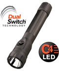Stinger DS 425 Lumen Rechargeable LED Flashlight With Dual Switches, black flashlight with logo and C4 LED text