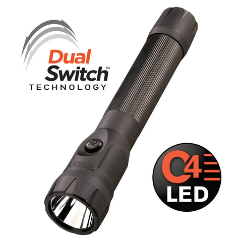 Stinger DS 425 Lumen Rechargeable LED Flashlight With Dual Switches, black flashlight with logo and C4 LED text