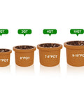 Four brown pots filled with soil labeled 1QT, 2QT, 4QT, 10QT in increasing sizes on a white background.