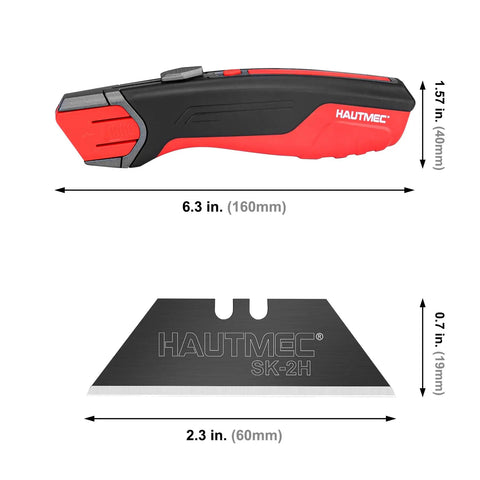 Heavy Duty Self Retracting Utility Knife With 4 SK2H Blades, Safety Box Cutter, Rugged Aluminum Alloy Body, Non Slip TPR Grip, Unique Blade Compartment, HT0414 Model For Pros On The Job Pro Grade, 6.3 in tool and SK-2H blade