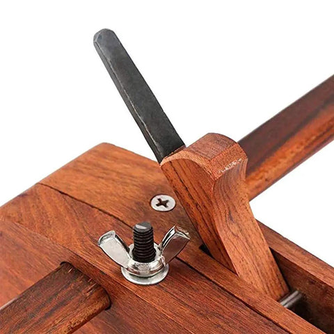 Close-up of the adjustable lever on the Adjustable Wooden Hand Plane With Double Handle Rabbet Scraper and Five Razor Sharp High Speed Steel Blades.