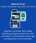 Automated Drip Tape Irrigation Kit For Row Crops With Timer, Bluetooth LCD Timer, programmable irrigation controller on blue background