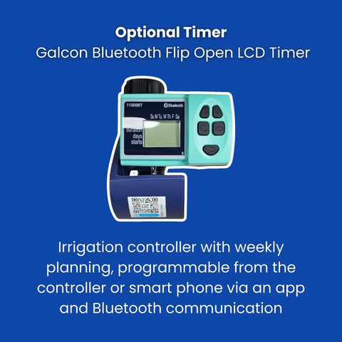 Automated Drip Tape Irrigation Kit For Row Crops With Timer, Bluetooth LCD Timer, programmable irrigation controller on blue background