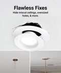 Image of ceiling light with white matte 12 Pack Goof Rings For 4 Inch Recessed Lights White Matte Finish Outer Diameter 6.7 Inches Inner Diameter 4.25 Inches Durable Plastic Flush Mount Ceiling Trim Covers For Clean Quick Ceiling Repair installed, hiding rough edges.