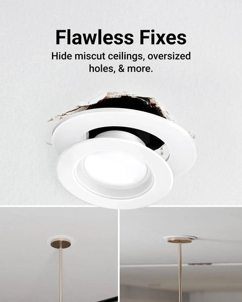 Image of ceiling light with white matte 12 Pack Goof Rings For 4 Inch Recessed Lights White Matte Finish Outer Diameter 6.7 Inches Inner Diameter 4.25 Inches Durable Plastic Flush Mount Ceiling Trim Covers For Clean Quick Ceiling Repair installed, hiding rough edges.