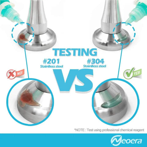 Comparison of #201 versus #304 stainless steel, showing rust resistance testing for Magnetic Door Stopper With Hydraulic Shock Absorbent Tech.