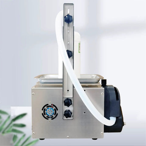 Straight Up Heavy Duty Liquid Filling Machine Automatic Digital Scale Bottle Filler With Peristaltic Pump For Cosmetics Oils And Juices Runs Smooth Handles 10G To 10Kg Precision Weighing Design side view showing pump and control knobs