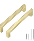 Set Of 20 5 Inch Brushed Gold Cabinet Handles With Square Style Design Premium Stainless Steel Drawer Pulls shown with screws.