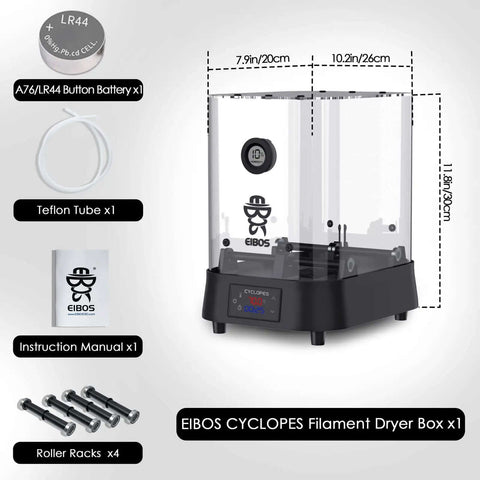 EIBOS Cyclopes Filament Dryer Box with fan, adjustable up to 70°C, humidity sensor, includes Teflon tube, instruction manual, battery, and rollers