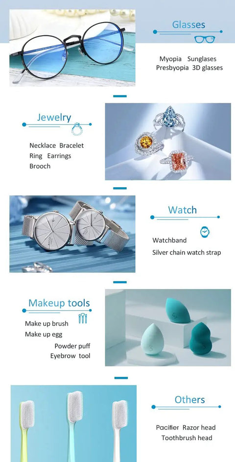 Portable Stainless Steel Ultrasonic Cleaner Blast Grime Off Rings Necklaces Glasses Watches And Coins With A Roomy 20oz Tank That Cleans As A Whistle Daily displayed with various cleaned glasses and jewelry.
