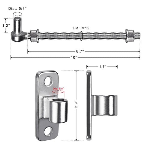 Hecka Sturdy 10 Inch J Bolt Gate Hinges Wall Mount Two Pack showing detailed dimensions and design for heavy-duty use.