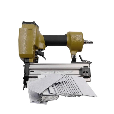 No Sweat Heavy Duty Oil Free Pneumatic Staple Gun F50 Air Brad Nailer with fasteners for carpentry and trim work.