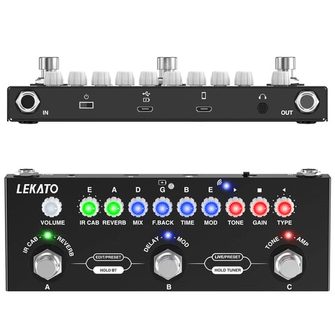 Front and rear view of Multi Effects Guitar Pedal With Nine Amp Models And Eight IR Cabinets Rechargeable Bluetooth Studio Ready