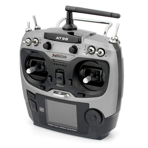 AT9S 10CH 2.4G Radio Transmitter With Handy Carry Case And Rocker Mount, DSSS FHSS, SBUS Ready R9DS Receiver, front view