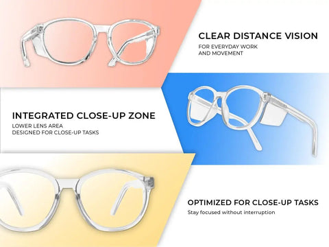 Heavy Duty Z87 Plus Safety Reading Specs With UV400 Side Shields And Impact Resistant Lenses Built Tough For Jobsites And The Daily Grind Featuring One Five X Clearfall Magnification close-up view of clear safety glasses designed for clear distance vision and close-up tasks.