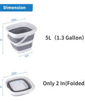 Foldable Collapsible Water Bucket 5 Liter One Point Three Gallon BPA Free TPR, shown open and flat with dimensions