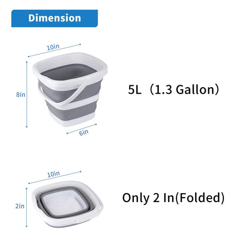 Foldable Collapsible Water Bucket 5 Liter One Point Three Gallon BPA Free TPR, shown open and flat with dimensions