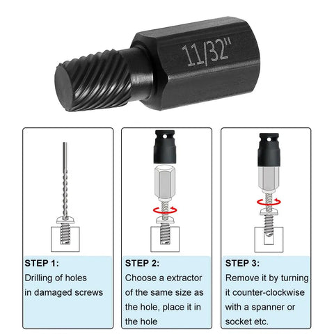 10 Piece Bolt Extractor Kit Set For Damaged Fasteners, Heavy Duty Screw And Bolt Extractors With Hex Shank Drill Bits, 11/32 inch size