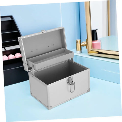 Open Heavy Duty Aluminum Storage Box With Double Layer And Large Inner Compartment, lightweight toolbox on blue surface