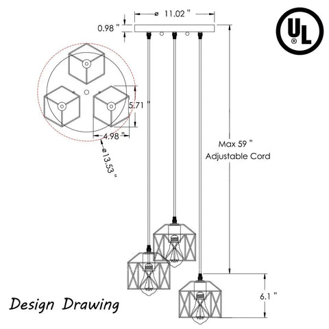 Design drawing of Industrial 3-Light Pendant Light With Black Metal Cage Shade, adjustable cord, UL listed dimensions displayed.