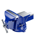 Street Smart 6 Inch Portable Bench Vise With 360 Degree Swivel Base And No Sweat Quick Grip Handle, blue metal construction, clamping tool.