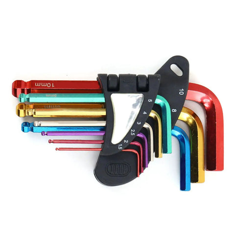 Premium Precision Metal Hex Key Kit With Extended Long Arm Handle For Tough Installations And Manufacturing Jobs That Let You Crush Any DIY Project Or Heavy Duty Work Fast Without the Frustration Of Stripping Screws Or Wasting Time. 9-piece colored hex keys, 1.5-10mm