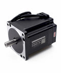 Front view of a NEMA 34 closed-loop stepper motor with silver shaft and mounting flange